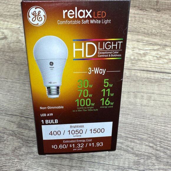 Lot Of 4 GE Relax LED A19 Light Bulb HD Light 3- Way 5w 11w 16w Soft White - Picture 3 of 9